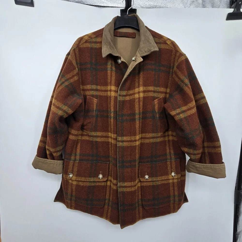 Vintage Reversible WILLIS & GEIGER Hunting Coat Jacket Men L Plaid Brown Outdoor